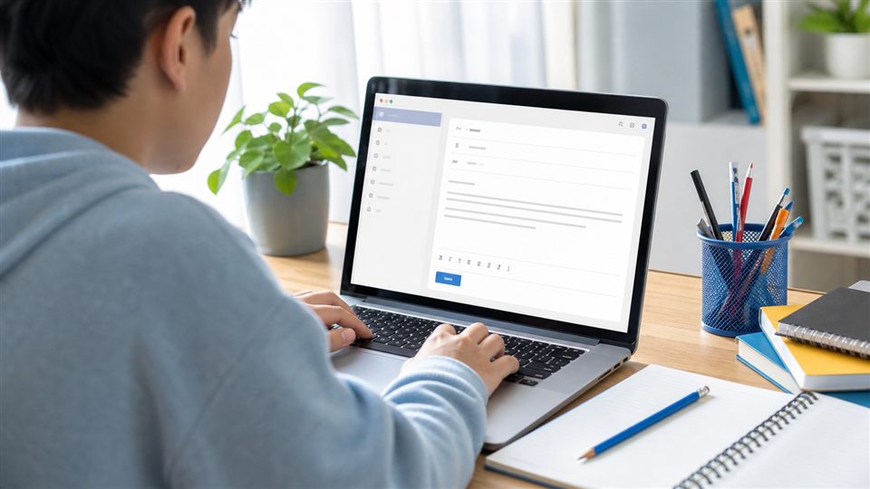 Student writing a polite email on a laptop at a bright desk