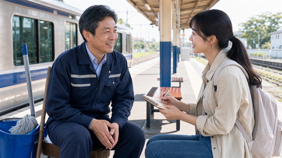 Student interviewing a friendly train cleaner on a bright station platform