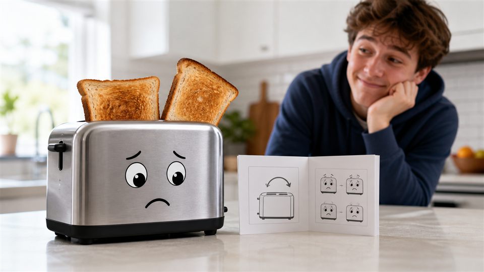 A worried-looking toaster with toast and a blank instruction booklet