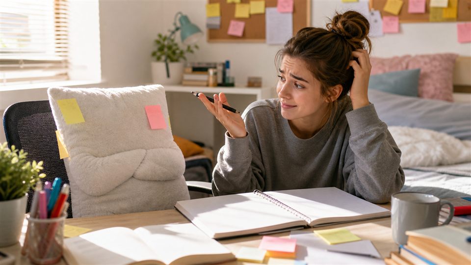 A fluffy pillow covered with sticky notes beside a confused student