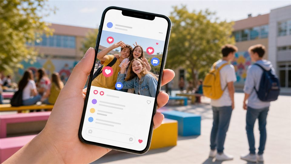 Students sharing a bright school courtyard post on a phone