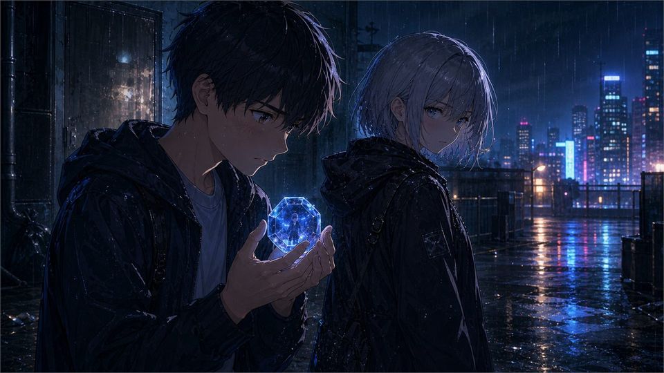 Kai holds the stolen memory chip in the rain