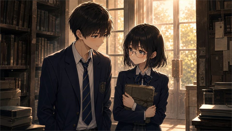 Aoi holds the discovered diary beside Sota in the evening archive
