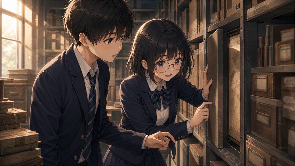 Aoi and Sota discover a hidden panel in the archive shelves