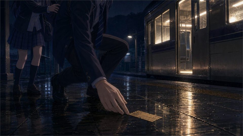 Ren picks up an old ticket beside the strange train